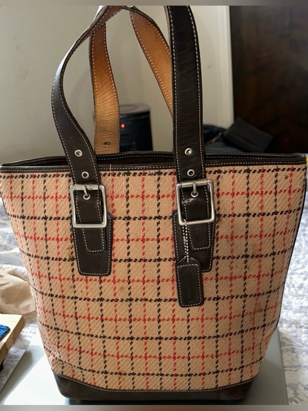 COACH VTG Y2K Hampton Wool Tweed Tote Shoulder Bag Leather Trim Vintage 9612